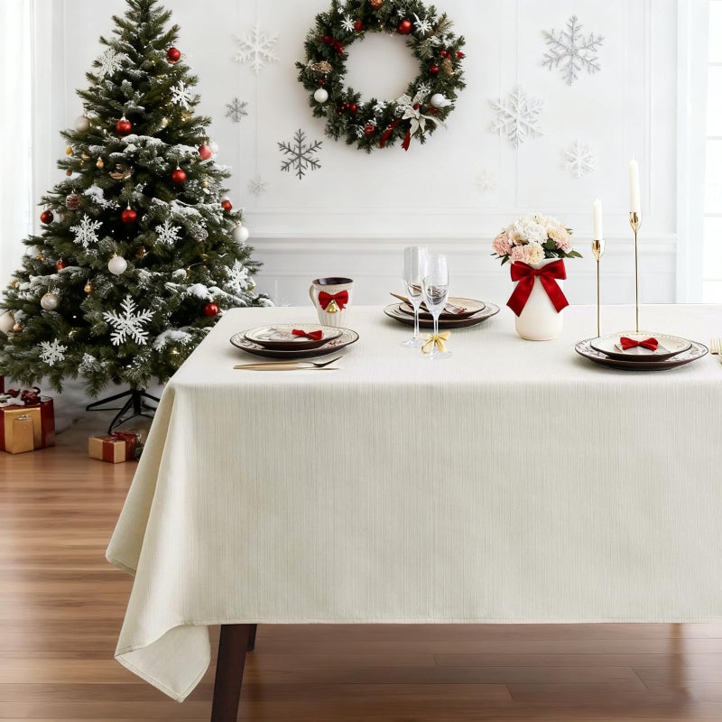 JUCFHY Luxury Stripe Fabric Table Cloths, Heavy Weight Classic 100% Polyester Tablecloths, No Iron, Water Resistance Soil Resistant Holiday Table Cover for Dining Room,60 Inch x 84 Inch Oblong,Ivory - Image 1